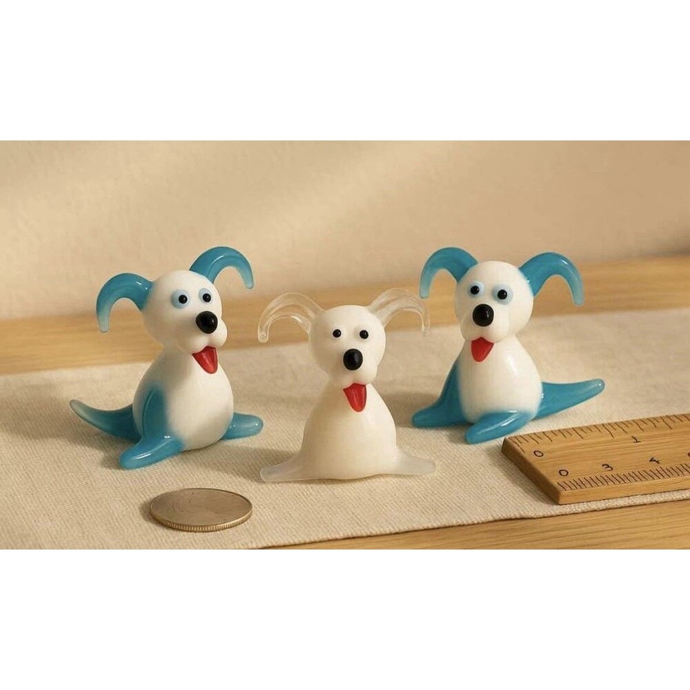 Set of 3 Glass Dog Figurines Blue White Red Black Miniature Decorative Animals